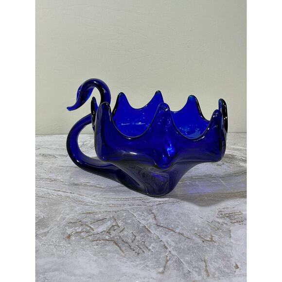 Vintage Cobalt Blue Blown Glass Swan Candy Dish MCM Decorative - Picture 6 of 14